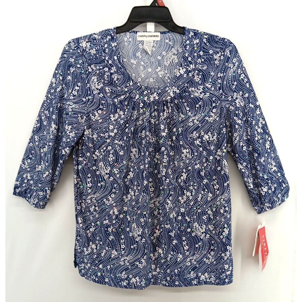 Cathy Daniels Blouse Women Medium Blue Mini Floral Sequin 3/4 Sleeve Scoop Neck